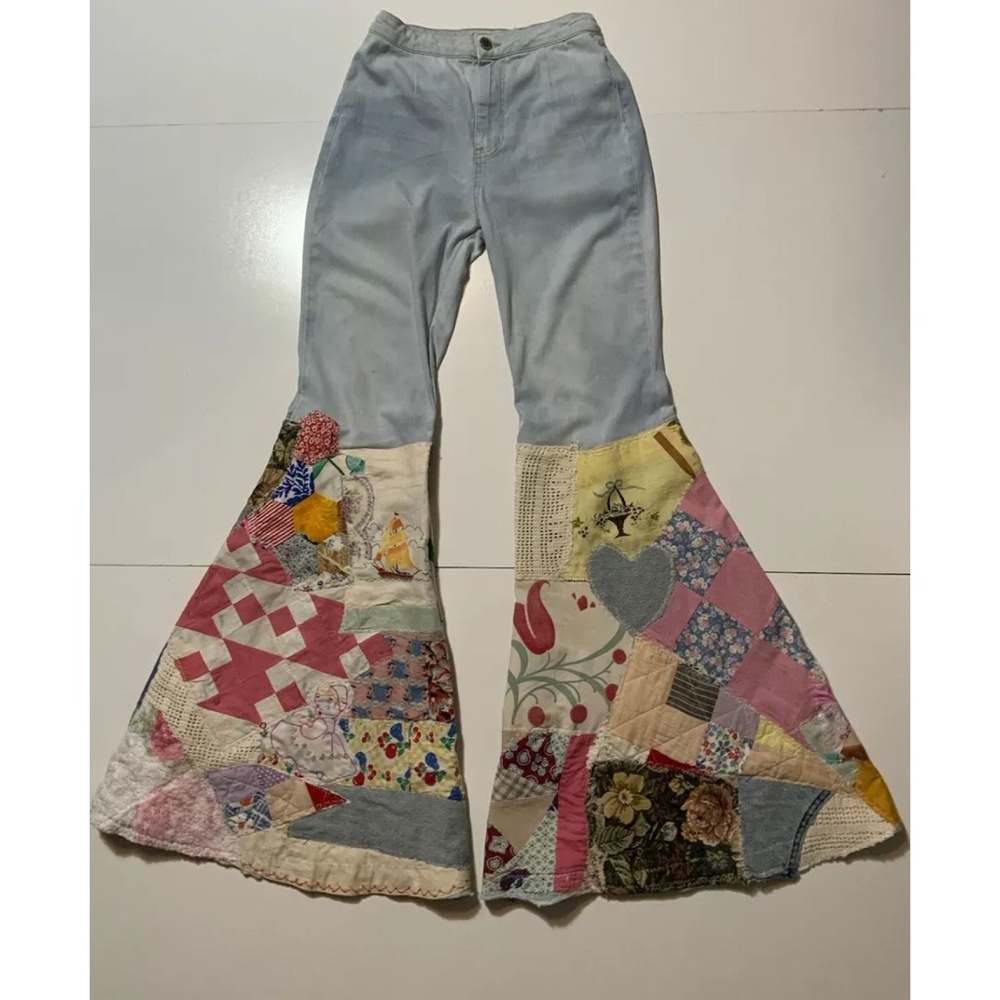 Free People Reworked Up-cycled Bell Bottom Flare Denim Jeans Art to Wear. 28